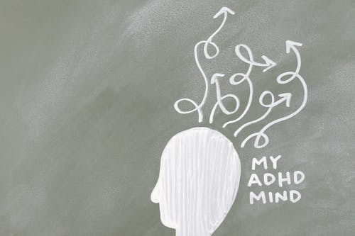 An illustration of the ADHD mind on a chalkboard