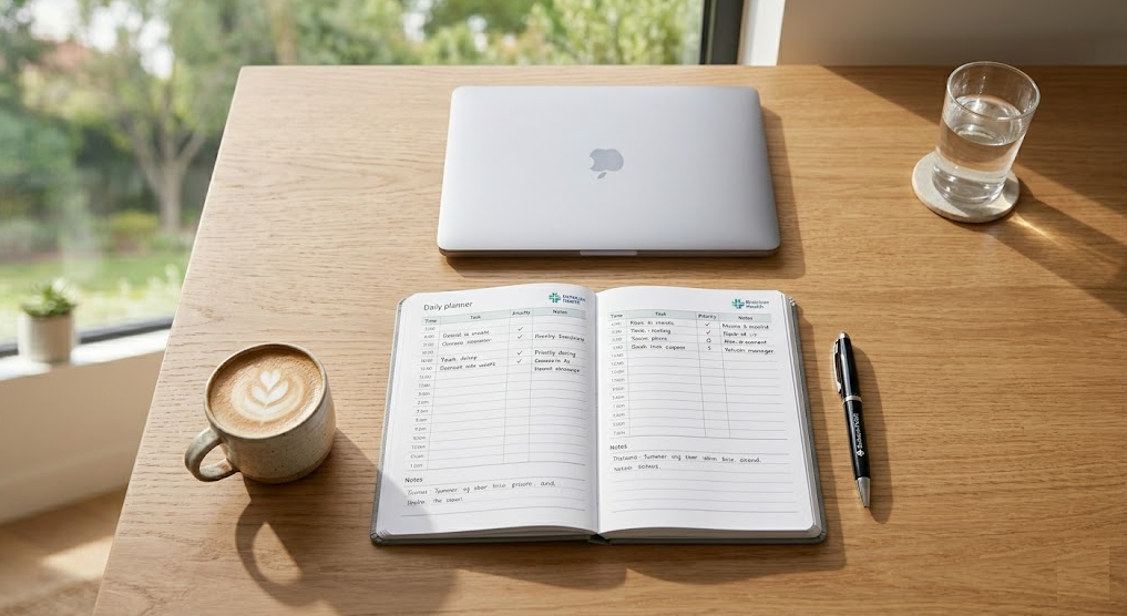 A focused professional organizing their daily schedule on a clear desk planner with a laptop, representing mental clarity and organization.
