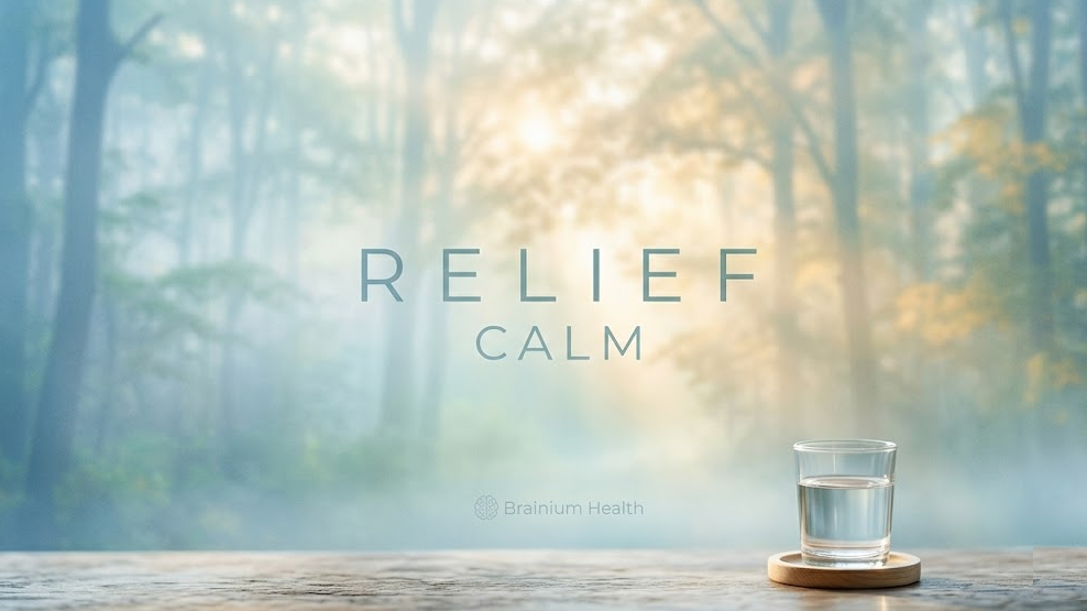 A peaceful individual standing outside in front of a calm, sunlit nature background, taking a deep, relaxed breath, symbolizing relief from anxiety.