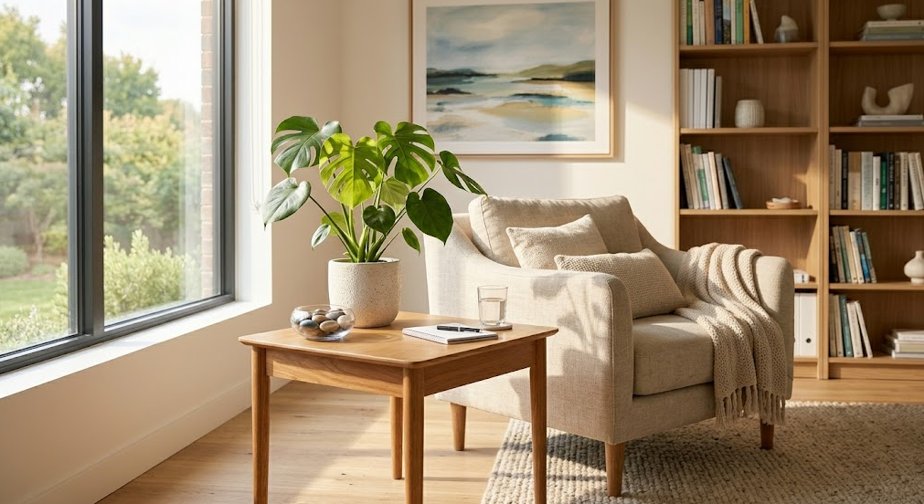 A peaceful, bright living room with sunlight streaming through a window onto a green plant, representing hope and emotional healing.