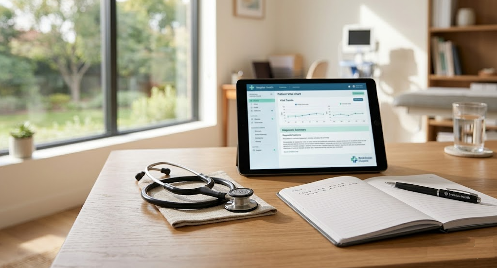 A close-up of a healthcare provider explaining prescription details on a digital tablet to an engaged patient, emphasizing safety and medical clarity.