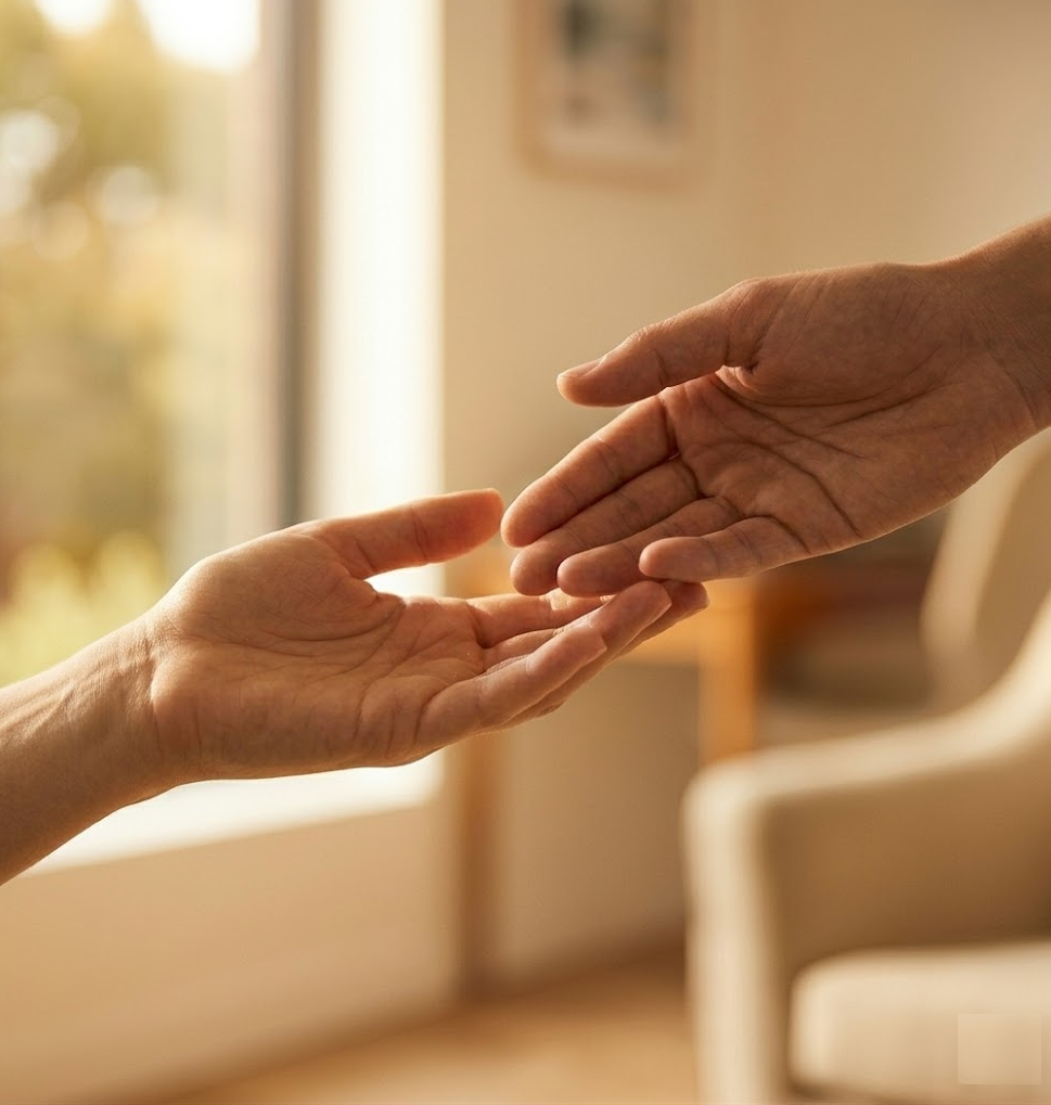 Two hands holding each other gently and supportively against a warm background, representing safety, human connection, and deep trauma healing.
